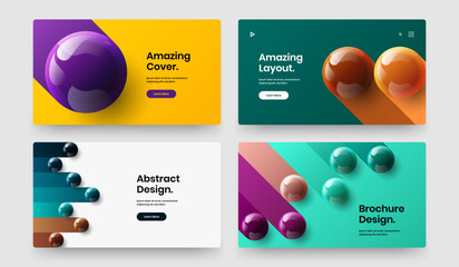 Multicolored company cover vector design illustration set. Clean 3D spheres leaflet template composition.