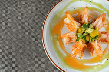 Shrimp and avocado salad. Fine dining restaurant, perfect display.