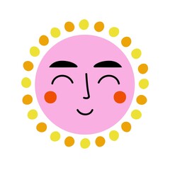Vector illustration of colored sun with smiling faces. Sunny and good weather. Solar icon symbol. Funny sticker design, home wall decoration poster and apparel print template.
