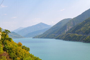 Zhivanli reservoir in Georgia against the backdrop of mountains