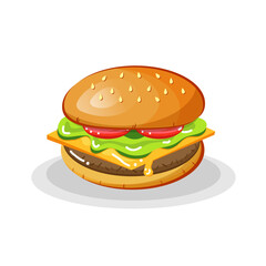 Big hamburger with tomatoes, cheese, lettuce and meat on an isolated white background. Vector illustration