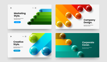 Bright leaflet design vector illustration collection. Minimalistic 3D spheres magazine cover template composition.