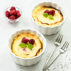 Cottage cheese dessert. Top view, copy space, flat lay.