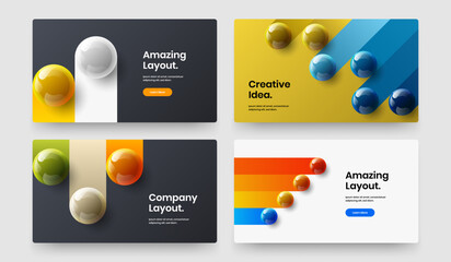 Minimalistic presentation design vector layout collection. Colorful 3D balls site screen template composition.