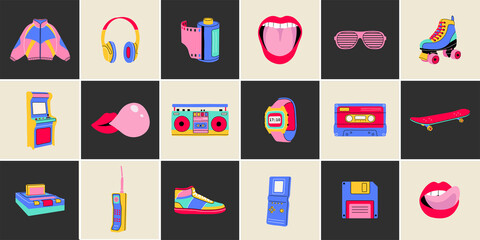 Classic 80s 90s elements in modern flat line style. Hand drawn vector illustration: jacket, cube, lips, headphones, roller skate, cassette, recorder, camera roll etc. Fashion patch, badge, emblem.