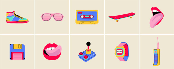 Classic 80s 90s elements in flat line style. Hand drawn vector illustration: skate board, cassette, sneaker, sunglasses, mouth with tongue, floppy disk, watches, phone. Fashion patch, badge, emblem.