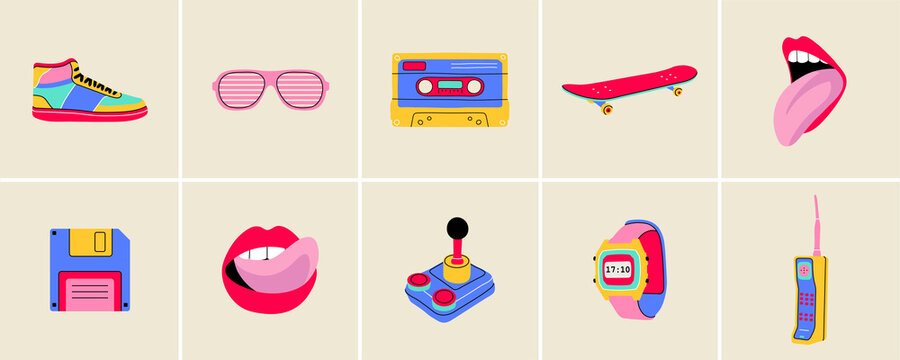 Classic 80s 90s elements in flat line style. Hand drawn vector illustration: skate board, cassette, sneaker, sunglasses, mouth with tongue, floppy disk, watches, phone. Fashion patch, badge, emblem.