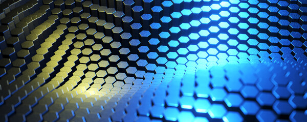 Abstract background from metallic hexagons. Hexagon lined up by wave. 3d render.