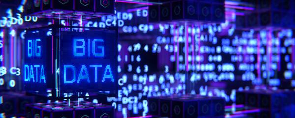 Big data on abstract digital background. Futuristic data warehouse. Big data concept. information flows. Technologies of the future. 3d render.