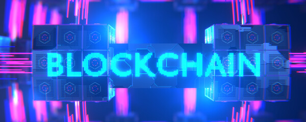 Blockchain technology on the abstract background of the processing algorithm. Blockchain on a network abstract background. 3d rendering.