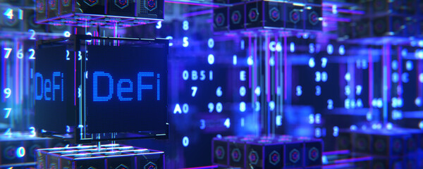 Concept of blockchain, decentralized financial system. DeFi decentralized finance on abstract polygonal background. 3d rendering.