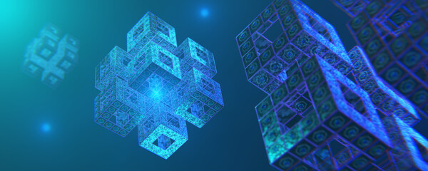 Digital blocks are connected to each other and form a crypto chain. Blocks or cubes, connection consists of numbers. Abstract technology background. Blockchain concept banner. 3d render.