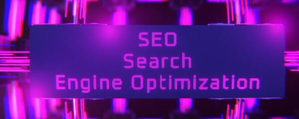 SEO search engine optimization. The inscription SEO search engine optimization on a digital background. 3d render.