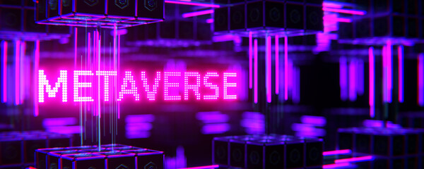 Metaverse banner on a virtual stand. The concept of working in the metaverse. 3d render.