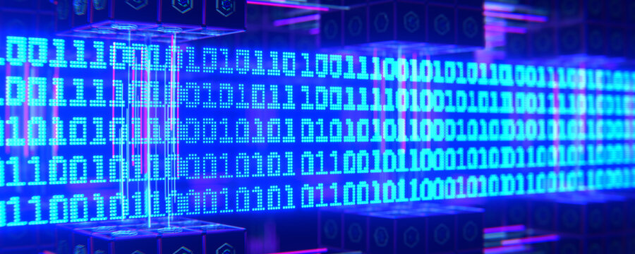 Technological background with zeros and ones. Banar code on an abstract background. Execution of code in the processor. 3d render.