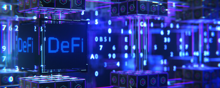 Concept of blockchain, decentralized financial system. DeFi decentralized finance on abstract polygonal background. 3d rendering. - Powered by Adobe