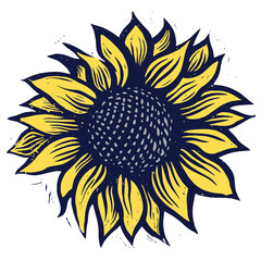 Lino print illustration of the Ukrainian blue-yellow sunflower flower