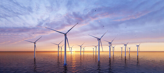 7640x4320. Ocean Wind Farm. Windmill farm in the ocean. Offshore wind turbines in the sea. Wind...