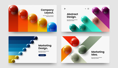 Minimalistic leaflet design vector concept bundle. Bright 3D spheres pamphlet layout collection.