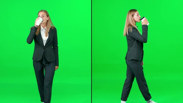 Businesswoman in a suit walking down the street and drinks coffee on a green background, passerby on a walk, split screen video from different angles, chroma key template.