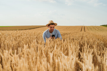 Happy farmer using mobile phone while standing in his growing wheat field.	