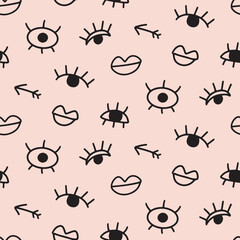 Vector cute hand drawn eye and lips doodles seamless pattern on coral background