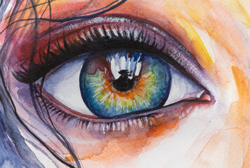 Handmad conceptual abstract picture of the eye. Watercolor female portrait painting. Painting in colorful colors. Conceptual abstract closeup of watercolor paint and brush on paper.