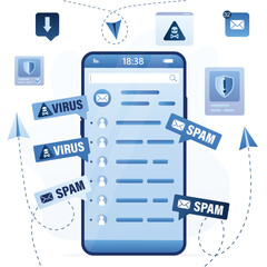 Modern mobile phone with mail application. Mailing advertising, phishing, spreading malware irrelevant unsolicited spam messages. Malware spreading, hacker attack, cyber security concept.