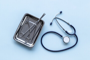Medical steel equipment - instruments with stethoscope. Healthcare background