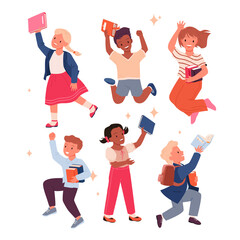 Happy children with books. Excited kids jumping, schoolchildren with lesson textbooks, enjoying reading and learning, literature lovers, primary education vector illustration