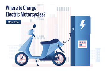 Modern electric motorbike and charging station. Green technology. Eco vehicle, electric motorcycle on charge. Environmentally friendly transport, landing page template.