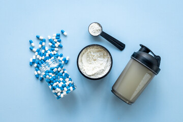 Food sport supplement for training - whey protein in jar and sport pills