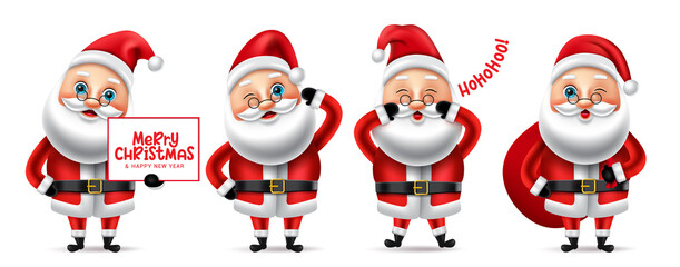 Santa claus christmas character set. Santa claus christmas 3d characters in standing and holding sack and banner with merry christmas greeting message for xmas collection design. Vector illustration. 