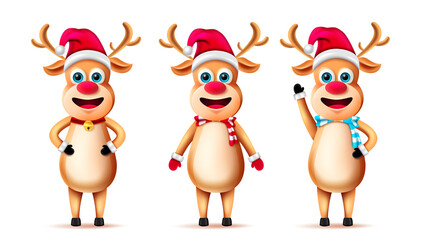 Reindeer christmas character set. Reindeers christmas characters in standing and waving pose and gestures with friendly deer facial expression for xmas collection design. Vector illustration.
