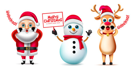 Christmas characters vector set. Christmas character like santa claus, reindeer and snowman holding banner with merry christmas greeting message for xmas season collection design. Vector illustration.