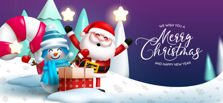 Christmas character greeting vector design. Merry christmas text with santa claus and snowman characters cute and happy in outdoor snow for xmas holiday eve celebration. Vector illustration.
