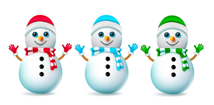 Christmas snowman character vector set. Christmas snow man 3d characters in cute and friendly facial expression for xmas holiday season collection design. Vector illustration.
