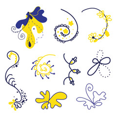 Set of abstract fantasy flowers blue and yellow color. Isolated vector image.