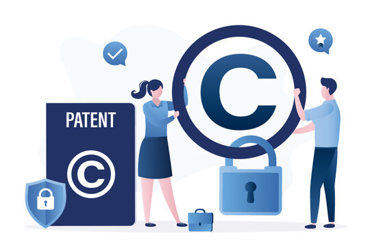 Intellectual property, concept. Trademark license, patent. Authors, co-founders hangs padlock on copyright sign. Copyright protection, prohibition of copying and use of trademark.