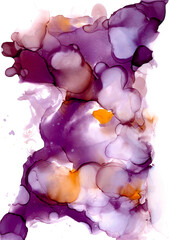 Bright modern wallpaper in fluid art. Lush voluminous bubble texture in a purple gradient with orange flecks. An exotic decorative stone, a fluffy bouquet of tropical flowers, a glowing cloud of smoke