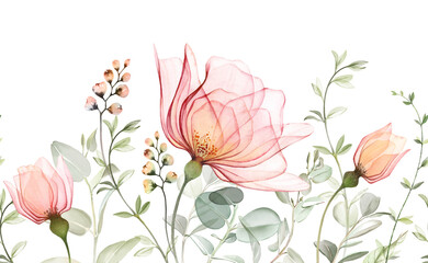 Watercolor seamless border with roses. Floral arrangement of peach flowers, buds and eucalyptus leaves. Big horizontal banner. Transparent abstract hand drawn illustration - 518539761
