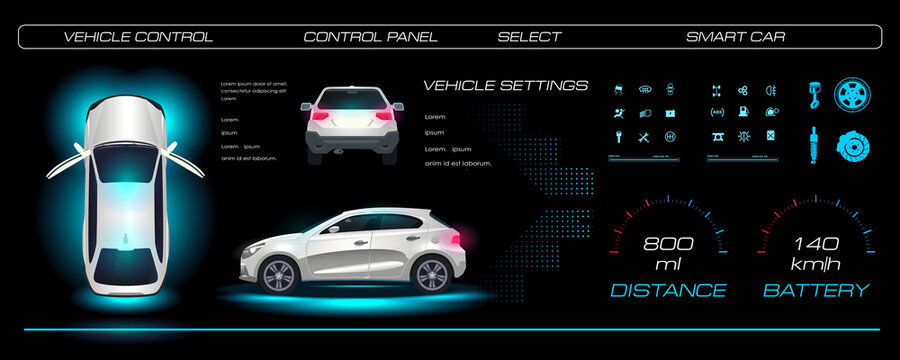 Automotive interface. Realistic car with navigation and options on a holographic digital control panel. Vehicle maintenance settings with HUD elements