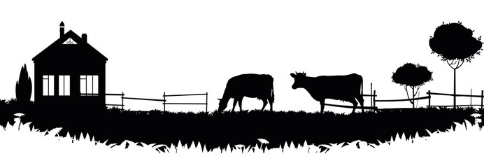 Cows graze in pasture. Picture silhouette. Farm pets. Domestic farm animals for milk and dairy products. Isolated on white background. Vector