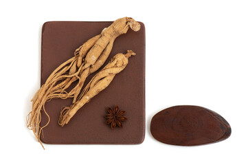 Ginseng or Panax ginseng isolated on white background with clipping path.top view.