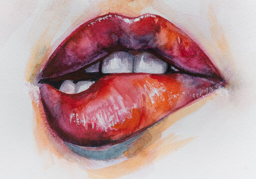 Handmad conceptual abstract picture of the nose and lips. Watercolor female portrait painting. Painting in colorful colors. Conceptual abstract closeup of watercolor paint and brush on paper.