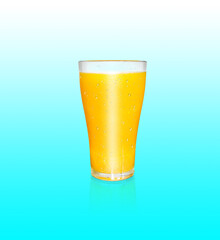 A glass of orange juice contains orange pulp. with the reflection of a glass of orange juice on a blue background