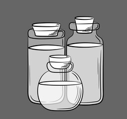 Composition of glass jars of different shapes with cork plugs. Hand drawn balloons with translucent layers. Isolated vector illustration.