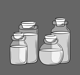 Composition of glass jars of different shapes with cork plugs. Hand drawn balloons with translucent layers. Isolated vector illustration.