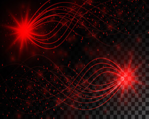 Fototapeta na wymiar Beautiful red wavy lines, glitter, dust reflection and a bright star explosion on a transparent background. Vector illustration