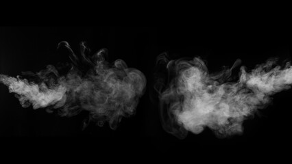 White horizontal smoke collection on black background. Fog or smoke set isolated on black background.